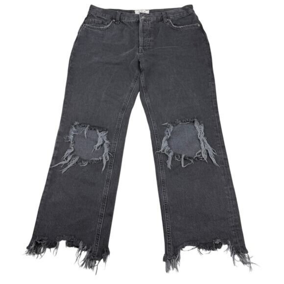FREE PEOPLE Maggie Mid-Rise Straight-Leg Washed Black Denim Jeans 26 Destroyed - Picture 4 of 8